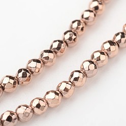 Rose Gold Plated Eco-Friendly Long-Lasting Plated Non-magnetic Synthetic Hematite Smooth Beads Strands, Faceted Round, Rose Gold Plated, 2mm, Hole: 1mm, about 173pcs/strand, 15.5 inch
