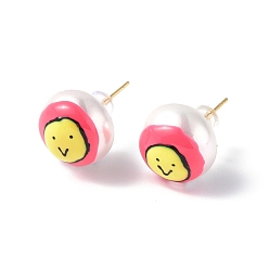 Cerise Natural Shell Smiling Face Stud Earrings with Enamel, Real 18K Gold Plated Brass Jewelry for Women, Cerise, 15mm, Pin: 0.8mm