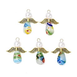 Античное Золото Стеклянные подвески миллефиори, ангел, с крылом из сплава и бусинами из АБС-пластика, имитирующими жемчуг, и железной петлей, античное золото , 29.5~30x22~22.5x9.5 мм, отверстие : 2.4~2.8 мм