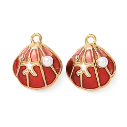Красный 304 Подвески из нержавеющей стали с эмалью и имитацией жемчуга из АБС-пластика, подвески в форме ракушек, ионное покрытие (ip), реальный 18 k позолоченный, красные, 18.5x17x11 мм, отверстие : 1.8 мм