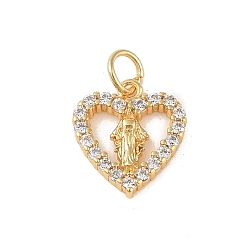 Сердце Латунные микропаве прозрачные кубические циркониевые подвески, без кадмия, без никеля и без свинца, с целью перехода в кольце, реальный 18 k позолоченный, сердце, 13.5x12x2 мм, отверстие : 3 мм