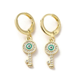 Dark Turquoise Key with Evil Eye Golden Brass Dangle Leverback Earrings, with Enamel and Cubic Zirconia, Dark Turquoise, 29.5x7mm
