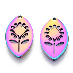 Rainbow Color Ion Plating(IP) 304 Stainless Steel Pendants, Laser Cut, Horse Eye with Flower Charm, Rainbow Color, 20x12x1.5mm, Hole: 1.5mm
