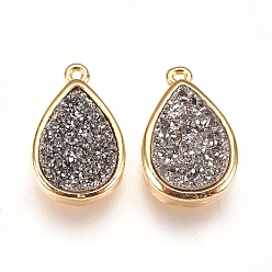 Серый Смолы имитация друзы кристалл подвески, с латунной фурнитурой , слеза, золотые, серые, 16.5x10.5x4~5 мм, отверстие : 1 мм