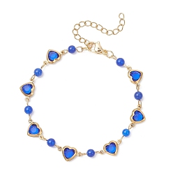 Синий Браслеты с подвесками в форме сердца из нержавеющей стали и стекла, 304 браслеты-цепочки из нержавеющей стали для женщин, синие, 7-1/8 дюйм (18.2 см)