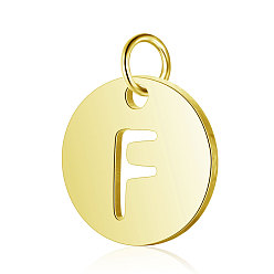 Letter F 304 Stainless Steel Charms, Flat Round with Letter, Golden, Letter.F, 12x1mm, Hole: 2.5mm
