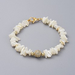 Golden Natural Spiral Shell Chip Beaded Bracelets, with Brass Micro Pave Cubic Zirconia Beads, Brass Round Beads, 304 Stainless Steel Clasps Lobster Claw and Cardboard Packing Box, Golden, 7-5/8 inch~7-7/8 inch(19.5~20cm)