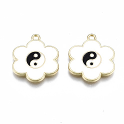 Белый Стойки обшивки сплава эмали подвески, без кадмия и без свинца, цветок с инь янь, золотой свет, белые, 19x16.5x2 мм, отверстие : 1.5 мм