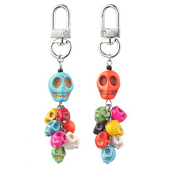 Mixed Color Halloween Skull Dyed Synthetic Turquoise Pendant Decorations, Swivel Clasps Ornaments for Bag Key Chain, Mixed Color, 90mm