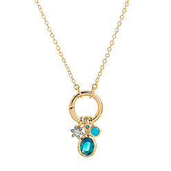 Dark Turquoise Brass Pave Cubic Zirconia Oval Flower Birth Stone Penant Necklaces with Synthetic Opal for Women, Golden, Dark Turquoise, 17.72 inch(45cm)