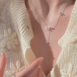 Нержавеющая Сталь Цвет Ожерелья с подвеской в виде банта из латуни с микропаве и прозрачным кубическим цирконием, 304 из нержавеющей стали кабель цепи ожерелья, цвет нержавеющей стали, 16.73 дюйм (42.5 см)