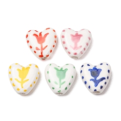 Mixed Color Handmade Porcelain Beads, Hand Painted, Famille Rose Porcelain, Heart with Tulip, Mixed Color, 15x15x7mm, Hole: 3mm