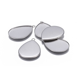 Stainless Steel Color Tarnish Resistant 304 Stainless Steel Pendant Cabochon Settings, Milled Edge Bezel Cups, teardrop, Stainless Steel Color, Tray: 24.5x18mm, 28x18.5x1.4mm, Hole: 1.8mm