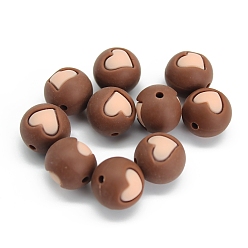 Седло Коричневый Круглые бусины из пищевого силикона с узором в виде сердечек, седло коричневый, 15 мм