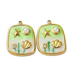 Светло-зеленый 304 нержавеющей стальной эмали подвески, с абс пластмассовыми жемчужными бисером, прямоугольник амулеты, реальный 18 k позолоченный, вакуумное покрытие pvd, светло-зеленый, 23.5x18x5 мм, отверстие : 1.6 мм