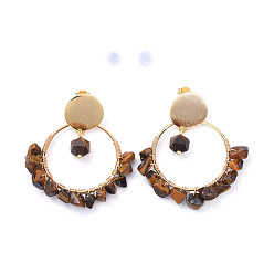 Тигровый глаз Латунные качают серьги, с бусинами из натурального тигрового глаза, задняя часть серег из латуни и пластика, 46.5 мм, штифты : 0.7 мм