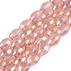 Dark Salmon Electroplate Transparent Glass Beads Strands, Rice, AB Color Plated, Faceted, Dark Salmon, 8~8.5x5.5~6mm, Hole: 1~1.2mm, about 67~68pcs/strand, 21.46~22.24 inch(54.5~56.5cm)