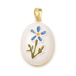 Golden Brass Enamel Pendants, Oval with Flower Charms, Golden, 22.5x14.5x5mm, Hole: 2x4mm