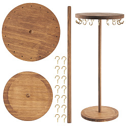 Перу Вращающаяся круглая деревянная подвесная стойка-органайзер для ожерелий и ювелирных изделий, с 18шт. железных крючков, для ожерелья, хранение браслетов, золотые, Перу, 17.8x17.8x40.3 см