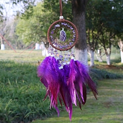 Amethyst Natural Amethyst Chips Woven Net/Web with Feather Pendant Decoration, Iron Ring Hanging Ornament, 400x70mm