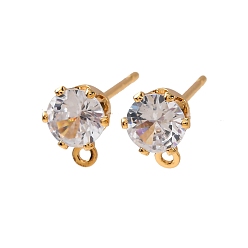 Плоский Круглый Латунные серьги-гвоздики из циркония, с петлей, долговечный, без никеля , реальный 18 k позолоченный, плоско-круглые, 7x5.5 мм, отверстие : 0.9 мм