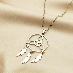 Stainless Steel Color Non-Tarnish Triquetra/Trinity Knot with Woven Net/Web with Feather Pendant Necklaces, Boho 201 Stainless Steel Dapped Chain Necklaces , Stainless Steel Color, 15.94 inch(40.5cm)