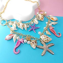 Разноцветный Ожерелья с подвесками из сплава и пластика с жемчугом и натуральными ракушками, двухслойные подвесные ожерелья, золотые, морской конек/форма ракушки/морская звезда, красочный, 17.72 дюйм (45 см)