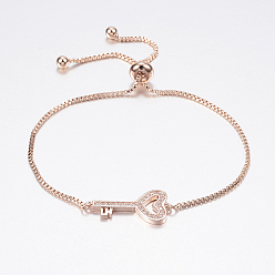 Rose Gold Adjustable Brass Bolo Bracelets, Slider Bracelets, with Cubic Zirconia and Box Chains, Key, Rose Gold, 10-1/4 inch(260mm)