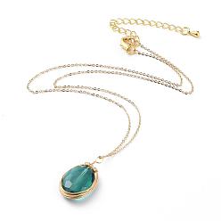 Dark Cyan Glass Pendant Necklaces, with Copper Wire, Brass Cable Chains, Chain Extender and Lobster Claw Clasp, with Cardboard Packing Box, Oval, Dark Cyan, 15.3 inch(39cm)