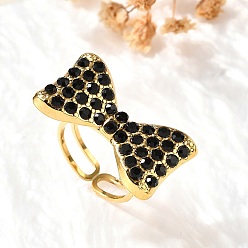 Настоящее золото 18K 304 открытые манжеты из нержавеющей стали для женщин, со стразами, ионное покрытие (ip), бантом, реальный 18 k позолоченный, 5 мм, внутренний диаметр: регулируемый, бант : 16x27.5 мм