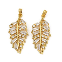 Золотой Подвески из латуни с покрытием из прозрачного кубического циркония, долговечный, лист прелести, золотые, 40x19.5x4 мм, отверстие : 5x3 мм