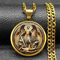 Золотой 201 ожерелья из нержавеющей стали, стеклянные, плоские, круглые, с подвеской в виде архангела Михаила для женщин, золотые, 23.43 дюйм (59.5 см)