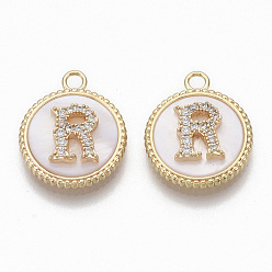 Letter R Brass Micro Pave Cubic Zirconia Pendants, with Shell, Flat Round with Letter, Nickel Free, Clear, Creamy White, Real 18K Gold Plated, Letter.R, 17x14x4mm, Hole: 1.8mm