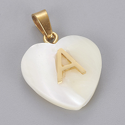 Letter A Shell Anhänger, mit 304 Edelstahl Zubehör, Herz mit Brief, golden, letter.a, 23.5x20x7 mm, Bohrung: 3.5x7 mm