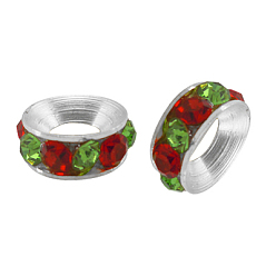 Разноцветный Латунные бусины разделители для поставки стразов, класс А, рондель, серебрянный металл, красочный, 9x4 мм, отверстие : 4 мм