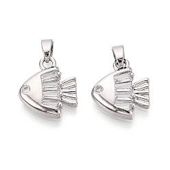 Платина Латунные микропаве прозрачные кубические циркониевые подвески, рыбы прелести, платина, 15x13x3 мм, отверстие : 4.5x2 мм