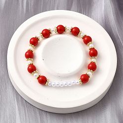 Красный Абс имитация жемчуга круглые бусины эластичные браслеты для женщин, с латунной бисера, без кадмия и без свинца, стойки покрытие, долговечный, реальный 18 k позолоченный, красные, внутренний диаметр: 2-1/8 дюйм (5.5 см)