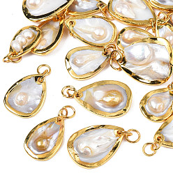 Морская Ракушка Натуральный белый оболочки подвески, с краем из латуни, покрытой светлым золотом, слеза, цвет морской раковины, 17~21x10~22x3.5~8.5 мм, Перейти кольцо: 6x0.5 мм, внутренний диаметр: 5 мм