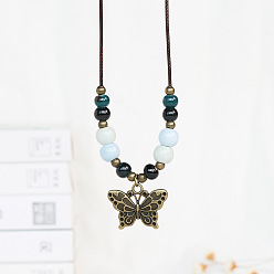 Бабочка Ожерелья из вощеного шнура с подвеской из сплава, Женские ожерелья из фарфора и дерева, античная бронза, бабочка, 19.69 дюйм (50 см)