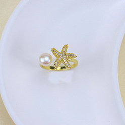 Морская звезда Кольца-манжеты из натурального пресноводного жемчуга с прозрачным кубическим цирконием, золотые, морская звезда, внутренний диаметр: 15~19 мм