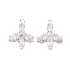Платина Латунные микропаве прозрачные подвески с фианитом, цветок, платина, 24x18.5x4.5 мм, отверстие : 2 мм