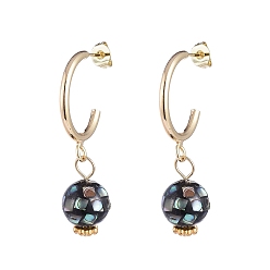 Black Dangle Stud Earrings, with Natural Shell Beads, 304 Stainless Steel Findings and Brass Findings, Black, 41x29x10mm, Pin: 0.7mm