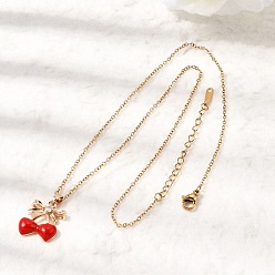 Золотой Подвеска в виде бантика из латуни с прозрачными кубическими циркониями и эмалью, украшенная красной вишней 304 Цепочка из нержавеющей стали для женщин, золотые, 15.83 дюйм (40.2 см)