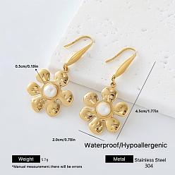 Golden 304 Stainless Steel Dangle Earrings for Women, Flower, with Imitation Pearl, Golden, 45x20mm