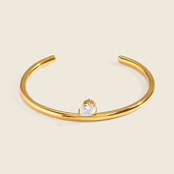 Golden 304 Stainless Steel Pave Teardrop Clear Cubic Zirconia Open Cuff Bangles for Women, Golden, Inner Diameter: 2.55 inch(6.47cm)