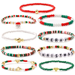 (52) Непрозрачная лаванда 9 Набор рождественских эластичных браслетов из латуни, смолы и стеклянных бусин, Рождественские украшения с подвесками и Санта-Клаусом для женщин., разноцветные, 6.89 дюйм (17.5 см)