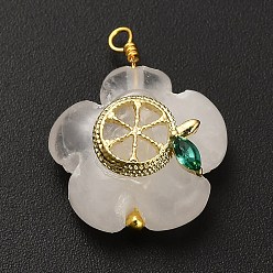 Orange Natural Quartz Crystal Pendants, Flower Charms with Brass Pave Cubic Zirconia Enamel Fruit Findings, Golden, Orange, 21x17x9mm, Hole: 1.8mm
