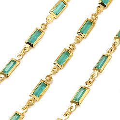 Светлый Морско-зеленый Прямоугольные звенья латунных стеклянных цепей, с катушкой, долговечный, пайки, без свинца и без кадмия, стойки покрытие, реальный 18 k позолоченный, светло-зеленый, 14.5x4x2 мм