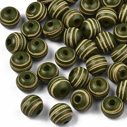 Dark Olive Green Painted Natural Wood Beads, Laser Engraved Pattern, Round with Zebra-Stripe, Dark Olive Green, 10x8.5mm, Hole: 2.5mm