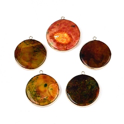 Golden Natural Fire Crackle Agate Coin Pendants, Brass Flat Round Bezeled Charms, Dyed & Heated, Chocolate Color, Golden, 40~44x36~40x4~8mm, Hole: 2mm